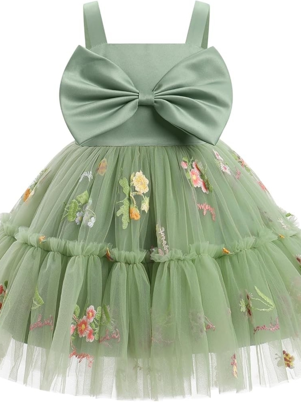 Girls Sage Green Floral Tulle Party Dress with Bow